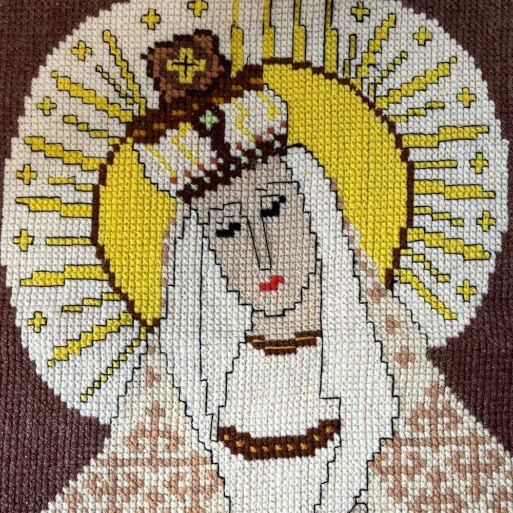 Vintage Needlepoint Brown  Madonna